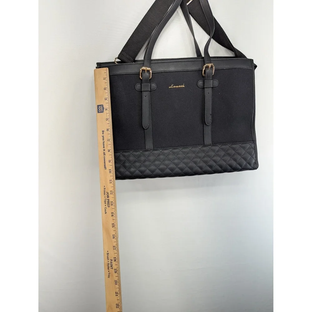 Lovevook Laptop Tote Bag Black Quilted Canvas Faux Leather Work Briefcase 16in
